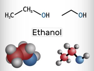 Ethanol, C2H5OH molecule. It is a primary alcohol, an alkyl alcohol. Structural chemical formula and molecule model. Vector illustration.